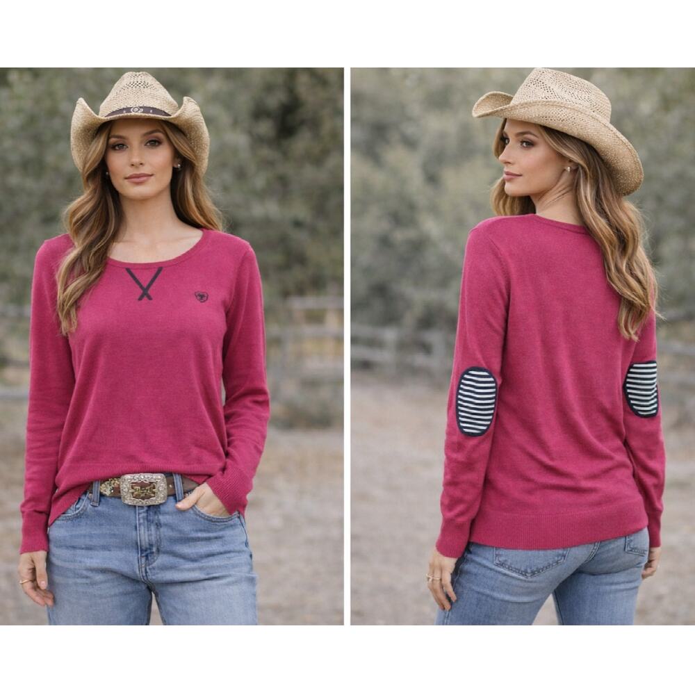 Ariat Merino Wool Blend Sweater Women's Size XL Elbow Patches Preppy Soft Pink
